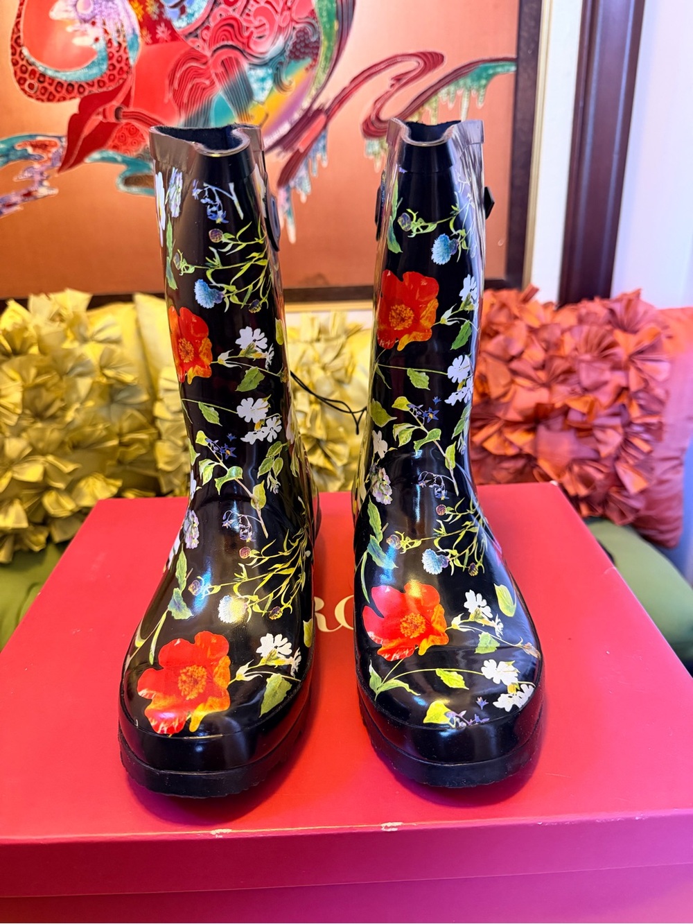 Merona Black Gloss Floral Rain Boots with Red Flowers